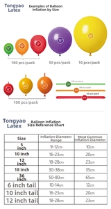 Size chart showing diameter and quantity details for multiple metallic latex balloons