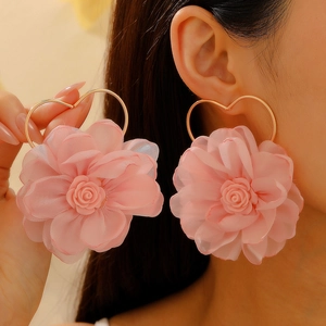 Chiffon Fabric Flower Drop Earrings With Metal Heart Leaf Sweet Romantic Dangle Jewelry For Women Steel Earring Post