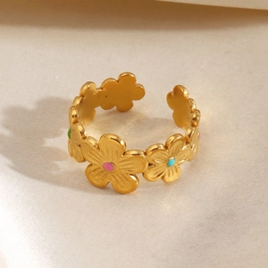 Golden flower stainless steel open ring with colorful enamel petals on satin fabric