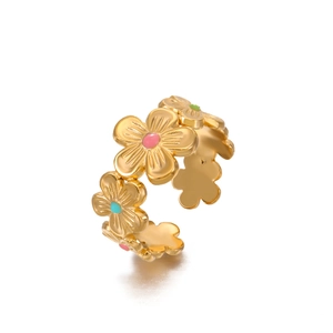 Chic gold-plated stainless steel open ring featuring colorful enamel floral patterns