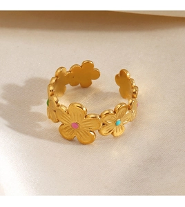 Detailed close-up of golden sunflower ring with colorful enamel petals on silk fabric