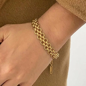 Three-strand gold stainless steel curb chain bracelet with lobster clasp for women