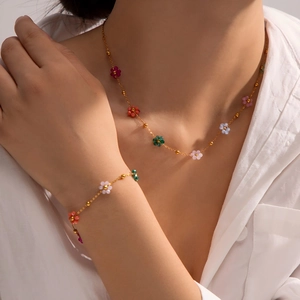Bohemian colorful flower necklace and bracelet set with gold chain for women