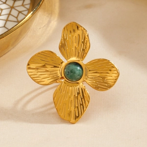 Flower Statement Ring Stainless Steel Green Natural Stone Brushed Texture Exaggerated Fashion Jewelry For Women