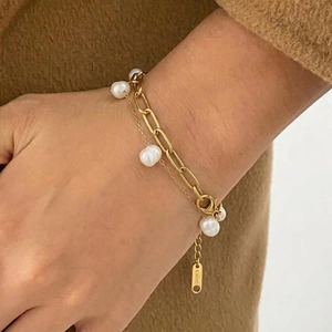Layered 304 Stainless Steel Freshwater Pearl Bracelet Vintage Baroque Gold Plated Chain Jewelry For Women