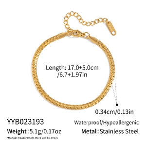 Detail of gold snake chain bracelet in stainless steel showing size and waterproof specs