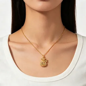 Collier Pendentif Sac De Fortune Acier Inoxydable Plaqué Or Cristal Strass Caractère Fu Style Chinois Bijoux Femmes