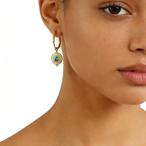 Hoop Drop Ohrringe 18K Vergoldet Edelstahl Mit Türkis Rund Sonnenstrahl Vintage Böhmisch Für Frauen