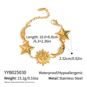Detail showing sun, moon and star pendants on waterproof stainless steel bracelet