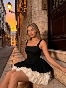 Retro black and white square neck party dress with puffy skirt in European street setting