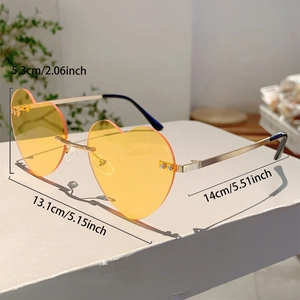 Detailed dimensions of heart shaped rimless sunglasses with yellow gradient lenses