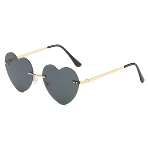 Stylish heart shaped rimless sunglasses with dark grey lenses and gold metal temples
