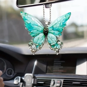 Colorful acrylic butterfly car rearview mirror ornament with green crystalline texture