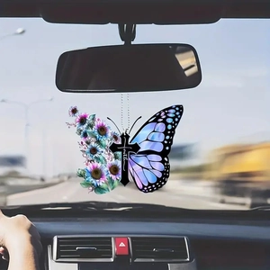 Colorful butterfly car charm with faith cross and purple sunflower design on rearview mirror