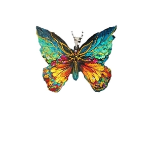 Colorful butterfly acrylic pendant with vibrant artistic paint patterns and metal clasp