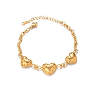Elegant gold stainless steel hollow heart charm bracelet with lobster clasp and extension
