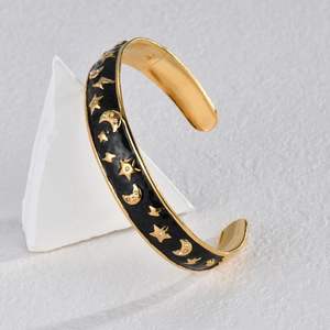 Bracelet jonc en forme de C plaqué or 18K avec émail noir et motif étoile lune brillant