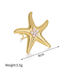 Starfish shaped stainless steel gold ring with five white pearls center 4cm design