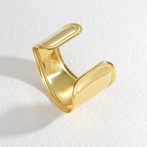 Minimalist wide open C-shaped 18K gold plated stainless steel bracelet with mirror finish
