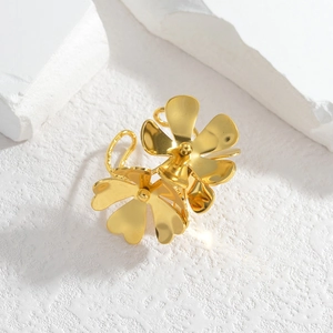 Stainless Steel Adjustable Ring Gold Plated Double Flower Minimalist Niche Design Fashionable Elegant Jewelry For Women