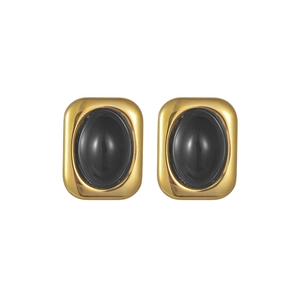 Gold geometric square stud earrings with oval black stone in a minimalist vintage style