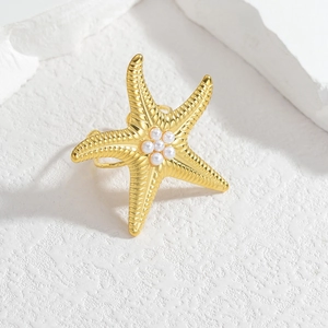 Starfish Ring Stainless Steel Gold Plated White Artificial Pearls Adjustable Open Design Minimalist Fashion Niche Finger Jewelry Women