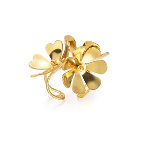 Minimalist golden stainless steel open ring featuring elegant double floral design