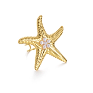 Minimalist gold starfish ring for women with polished texture and pearl center inlay