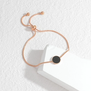 Stainless Steel Snake Chain Bracelet With Round Black Disc Adjustable Slider Buckle Minimalist Jewelry For Women