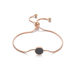 Rose gold stainless steel snake chain bracelet with black round pendant and bolo clasp