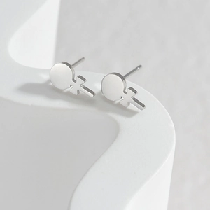 Minimalist silver lollipop female symbol stud earrings in polished stainless steel
