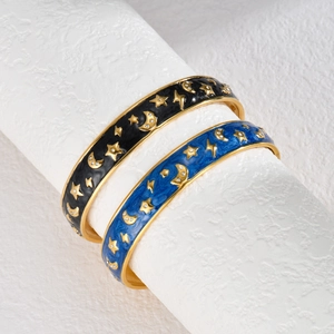 Bracelet Jonc Acier Inoxydable Plaqué Or 18 Carats Émail Étoile Lune Éclair Zirconium Ouvert Réglable Femmes