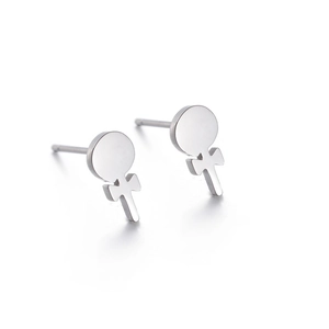 Close-up of polished stainless steel lollipop earrings with Venus female symbol design