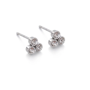 Minimalist stainless steel stud earrings with three round zircons in a triangle layout