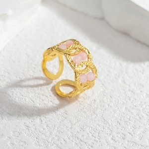 Bague Ouverte En Acier Inoxydable Plaqué Or Perles Roses Géométrique Croisée Maillon De Chaîne Réglable Bijoux Femme