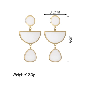 Three-tier geometric drop earrings with gold rim and white inlay, 6cm long