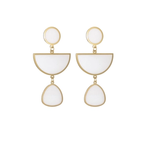 Minimalist geometric gold drop earrings featuring white stones on a clean white background