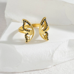 Butterfly Open Ring Stainless Steel Gold Plated Black Zircon Inlaid Adjustable Geometric Hollow Jewelry For Women