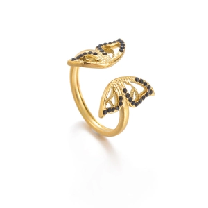 Golden butterfly open ring with black micro-paved gems and hollow filigree texture