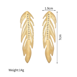 Gold feather drop earrings with crystal rhinestones and measurement details
