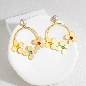 Pendientes De Aro De Flor De Acero Inoxidable Con Perlas Artificiales Y Gemas De Colores Joyería De Moda Retro Para Mujer