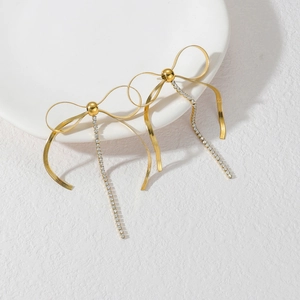 Minimalist gold bow earrings with shimmering tassel chains made of 304 stainless steel