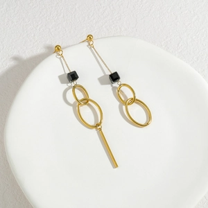 Boucles D'oreilles Pendantes Longues Asymétriques Acier Inoxydable Plaque Or Cube Noir Anneaux Ovales Géométriques Bijoux Minimalistes Femme