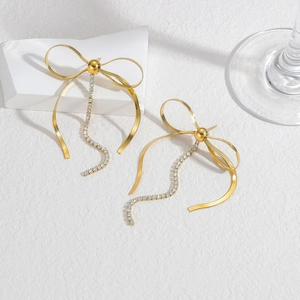 Bowknot Tassel Dangle Earrings Gold Plated Stainless Steel With Rhinestone Inlaid Elegant Long Drop Jewelry For Women