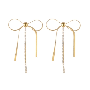 Elegant gold bow earrings with long tassel snake chain and shimmering zircon rhinestones