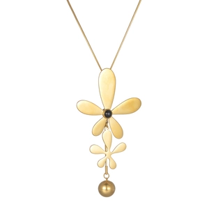 Golden flower statement necklace with black stone and asymmetric petal pendant on snake chain