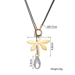 Minimalist dragonfly necklace with teardrop crystal and 69cm cord length specifications