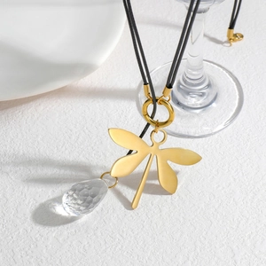 Dragonfly Pendant Necklace Stainless Steel Waterdrop Crystal Long Black Rope Cord Chic Minimalist Jewelry For Women