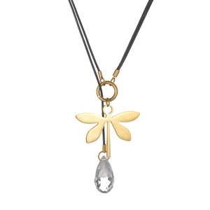 Minimalist stainless steel dragonfly necklace with a teardrop crystal on a black cord