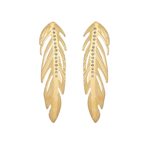 Golden feather earrings with shimmering cubic zirconia inlay and brushed metal finish